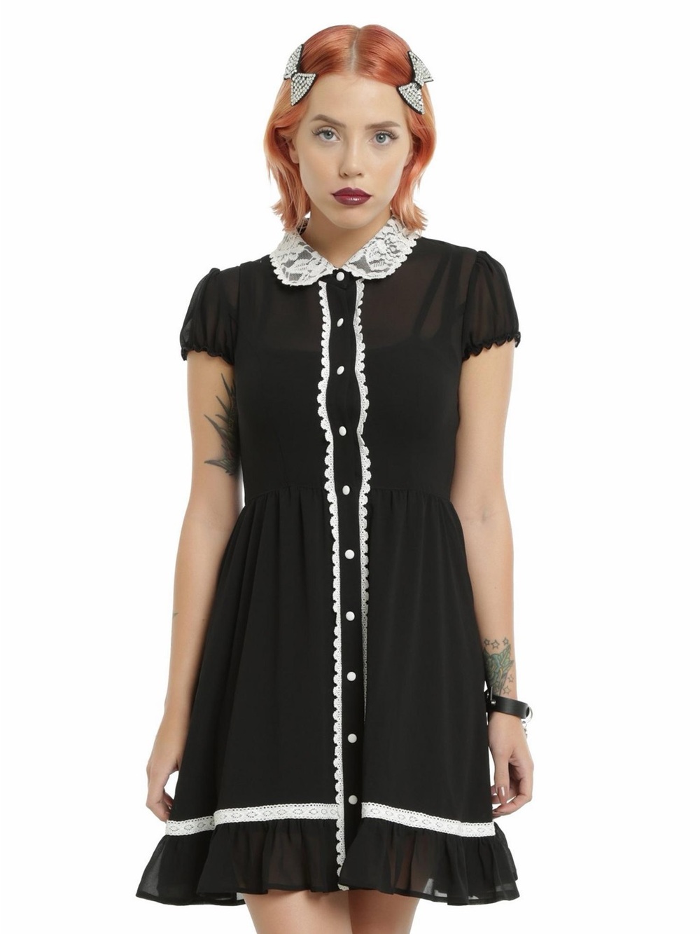 Hot Topic Black Button-Up Lace Collar Chiffon Dress Sz L nwt - Picture 1 of 9